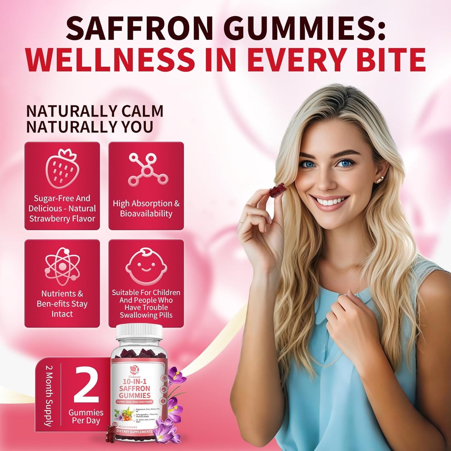 10 IN 1 Sugar Free Saffron Gummies, with Ashwagandha, L-Theanine, Rhodiola Rosea, St. John's Wort, Lemon Balm, Vitamin D3 B6, Magnesium & Zinc - Vision, Zzz, Mood, Focus & Cortisol