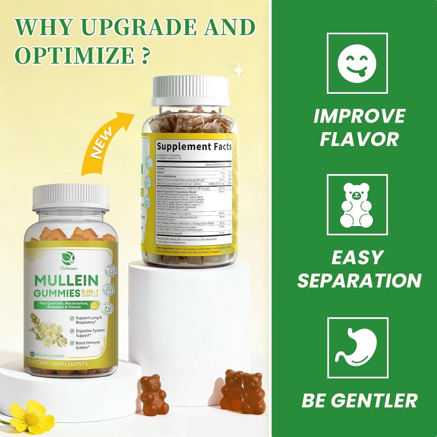 9 in 1 Mullein Gummies for Lung Cleanse, Mullein Leaf Extract with Quercetin, Bromelain, Elderberry & Marshmallow for Respiratory & Immune | 120 Vegan Count (2-Pack)