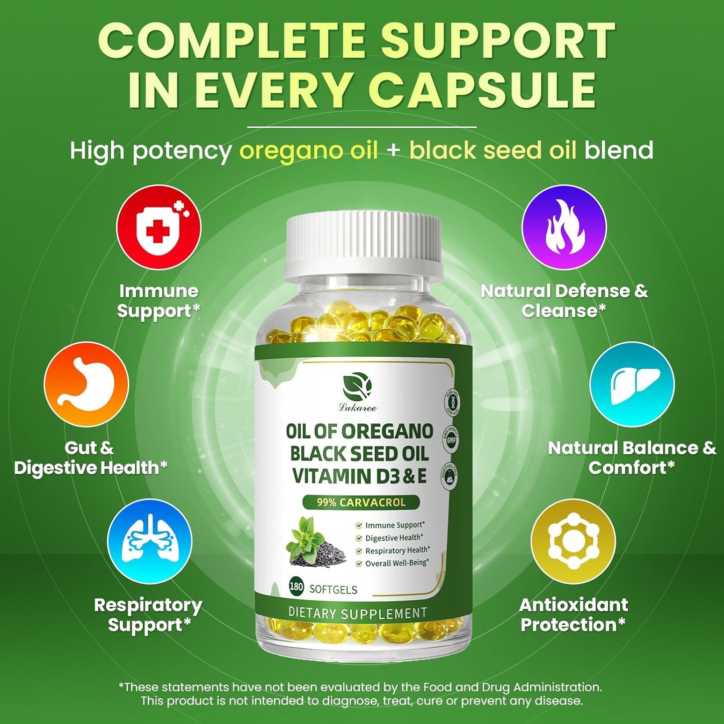 Oregano Oil Capsules – 99% Carvacrol, 5-in-1 with Black Seed Oil, Vitamins D3 & E, Black Pepper | Immune, Respiratory & Digestive Support | 180 Softgels