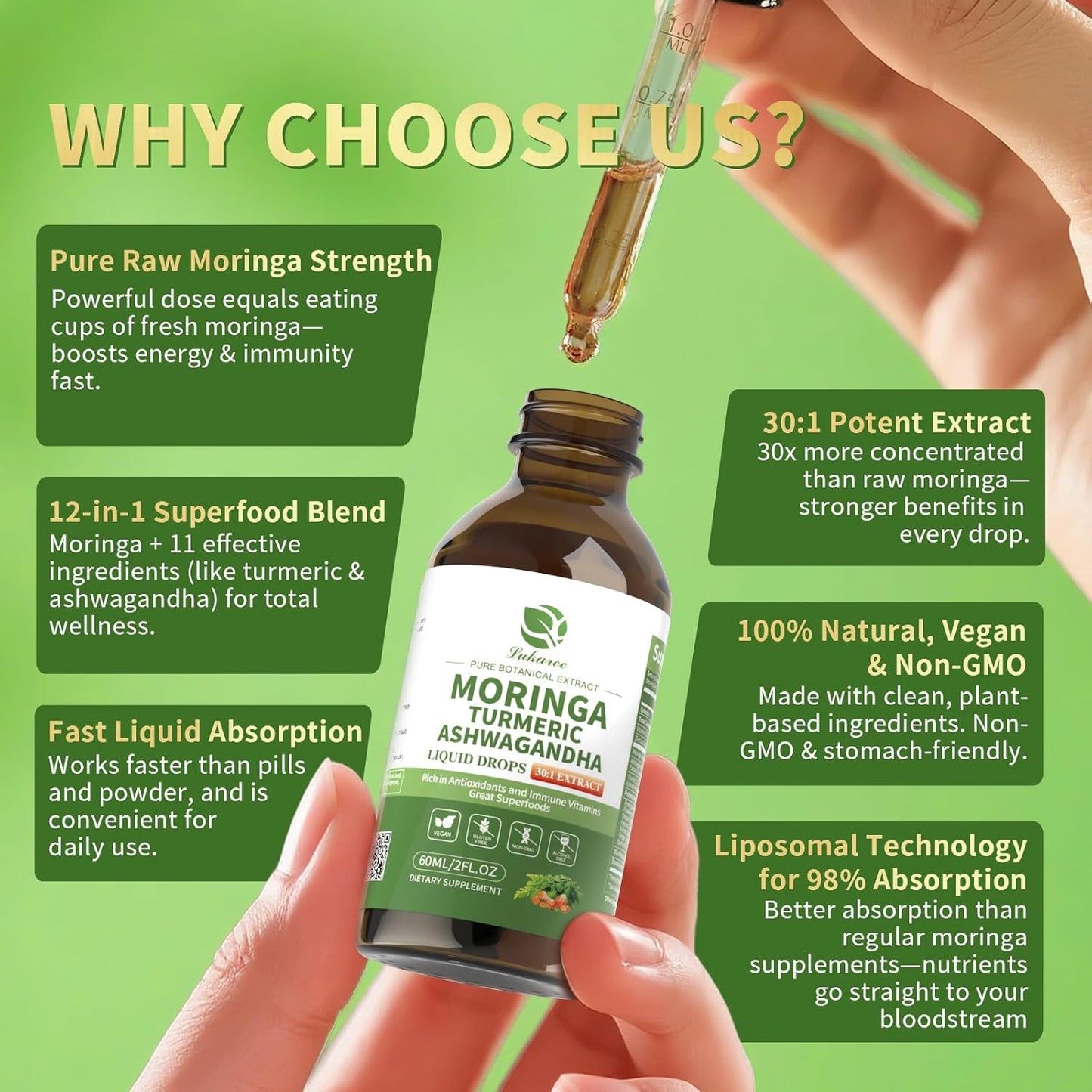 2-Pack Lukaree 12-in-1 Liposomal Moringa Leaf Drops | Super food Energy & Immunity Support（60-Day-Supply）