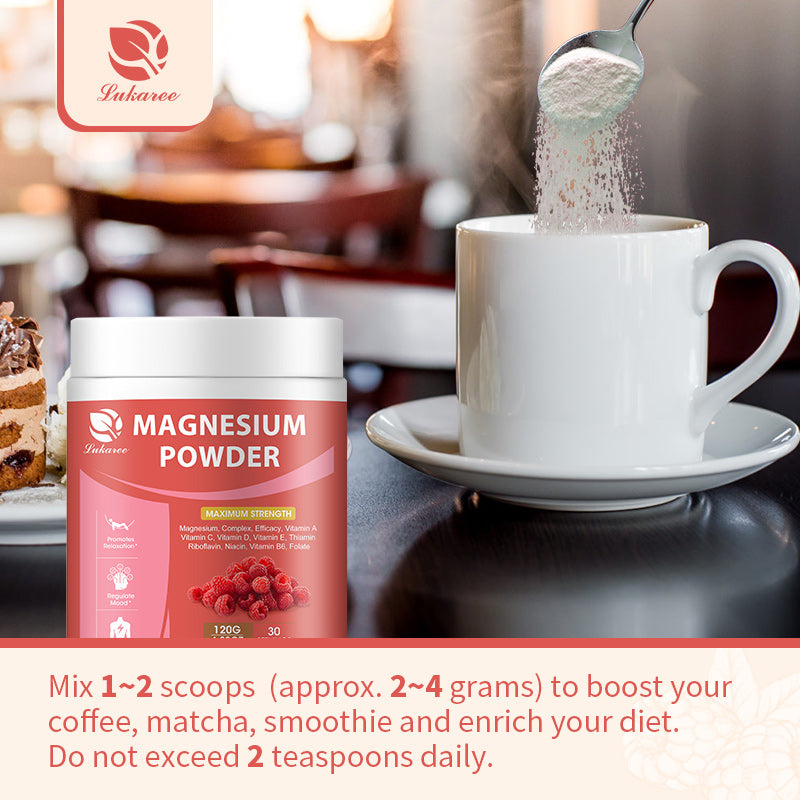 Magnesium Powder Supplement with Folate, L-Theanine, Vitamin A, C, D, E, B6 For Sleep Bone Mood Health, Stress Relief | Raspberry flavor, 4.23 Ounces