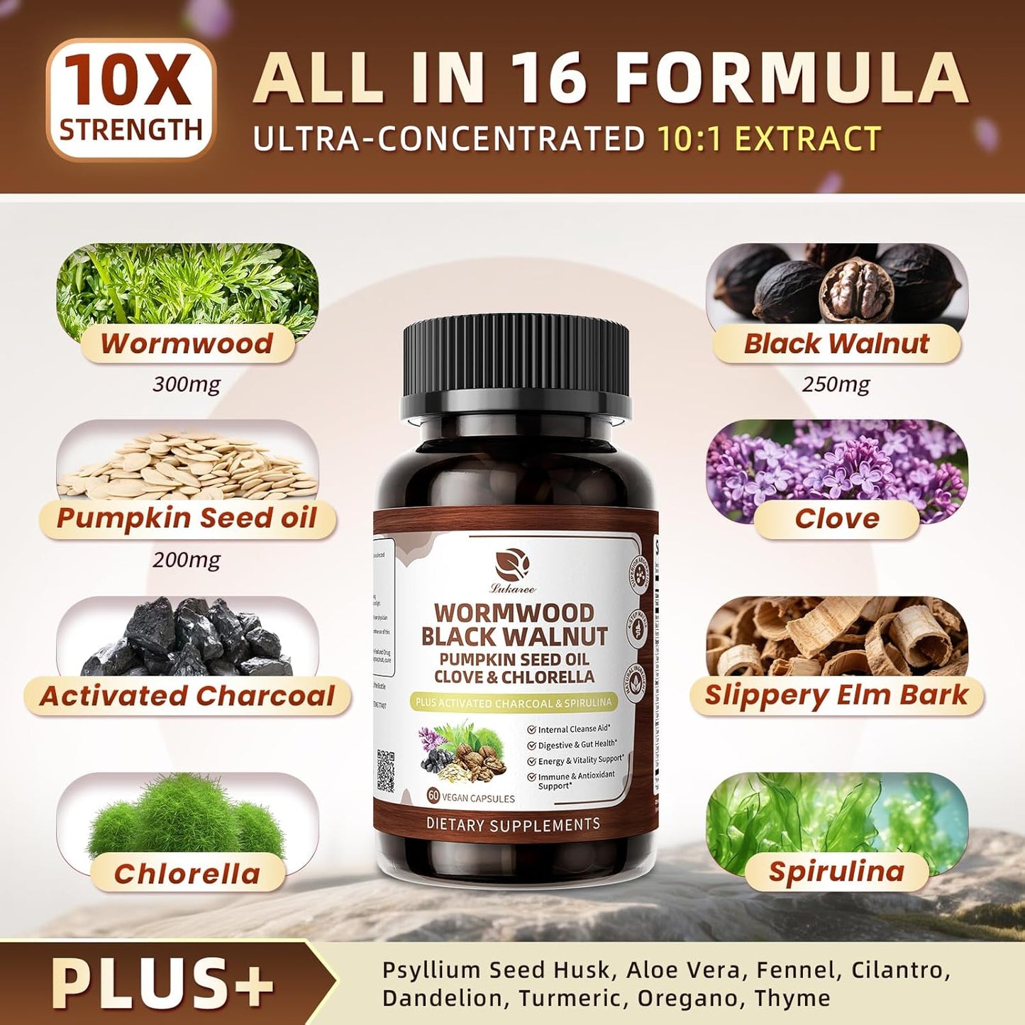 Wormwood Black Walnut Cleanse 1200mg – 16-in-1 Ultra Gut Cleanse & Detox Formula with Pumpkin Seed Oil, Clove & Activated Charcoal | 10X Concentrated, 60 Vagan Capsules