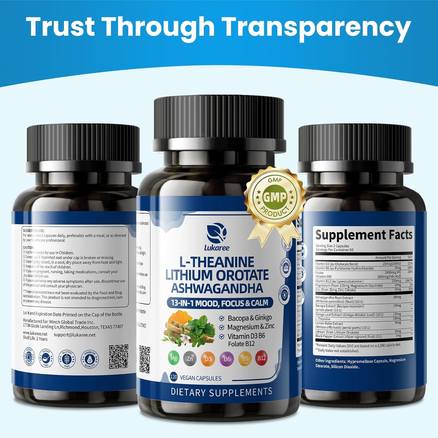 13-in-1 Lithium Orotate with Ashwagandha & L-Theanine – Mood, Calm, Sleep & Cognitive Support – 120 Vegan Capsules