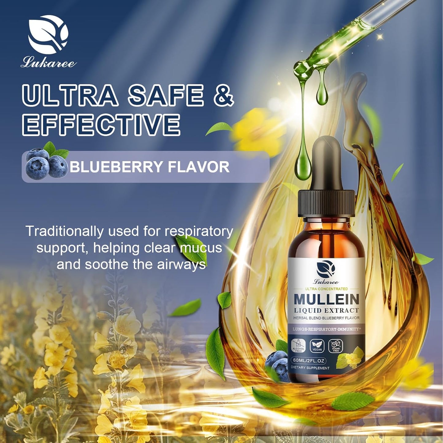 Lukaree Mullein Drops for Lung Detox & Cleanse, Vegan Mullein Leaf Extract Tincture with Chlorophyll Elderberry, etc for Respiratory, Immune, 60 Servings