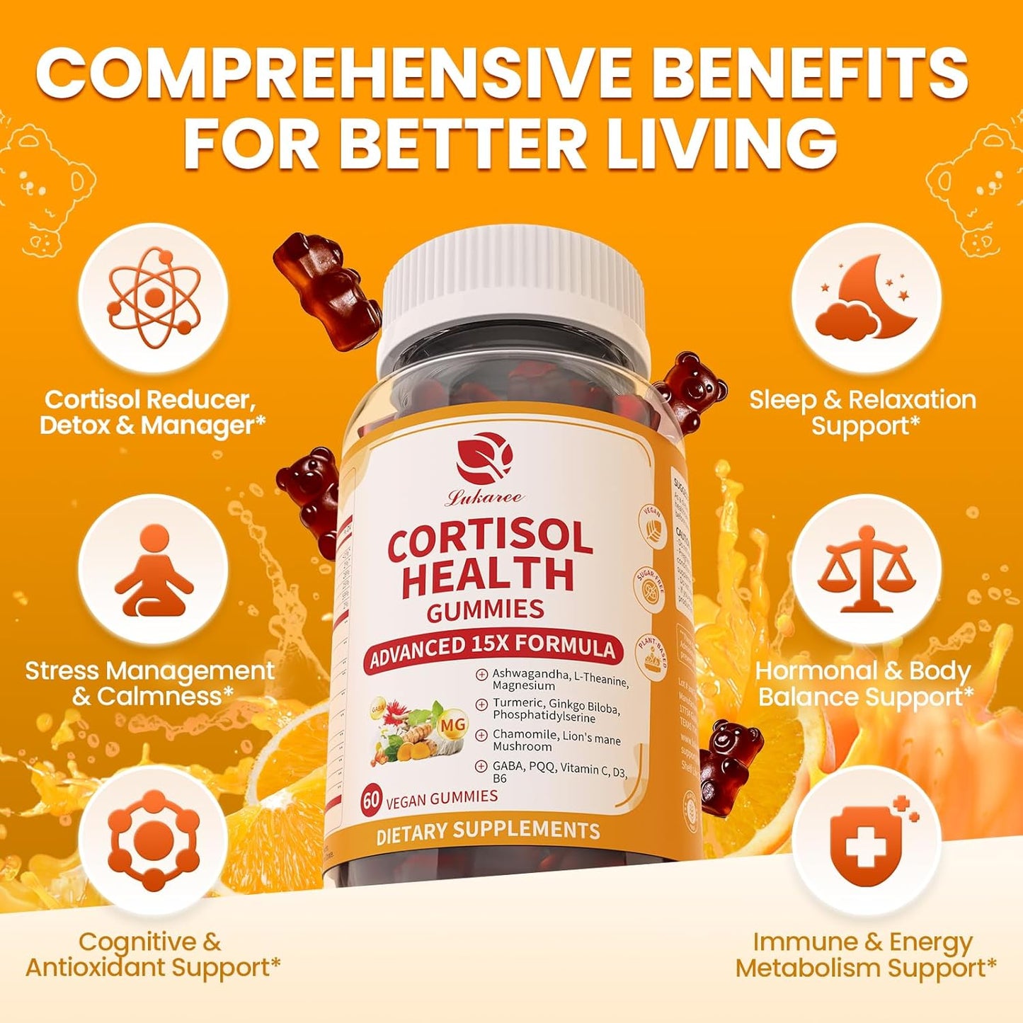 Lukaree 15-in-1 Cortisol Calm Gummies – Stress, Mood & Sleep Support | Vegan & Sugar-Free (60 Gummies)