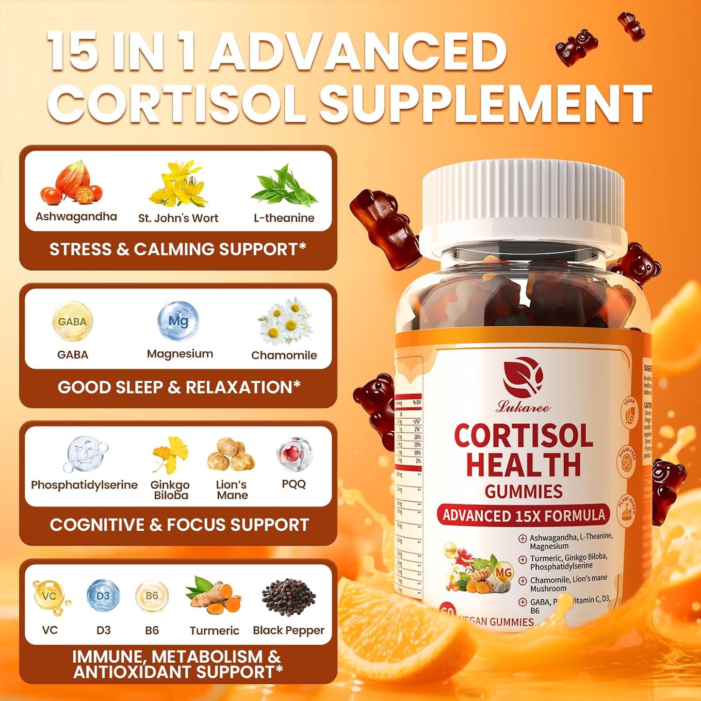 Lukaree 15-in-1 Cortisol Calm Gummies – Stress, Mood & Sleep Support | Vegan & Sugar-Free (60 Gummies)