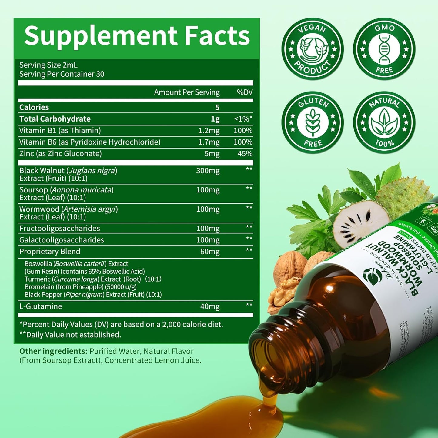 Lukaree Wormwood Black Walnut Clove Tincture – Natural Gut Cleanse Detox for Humans – Support Digestive Health with L-Glutamine Prebiotic Soursop Turmeric, 5X Absorption Vegan Gluten-Free 4 FL.OZ