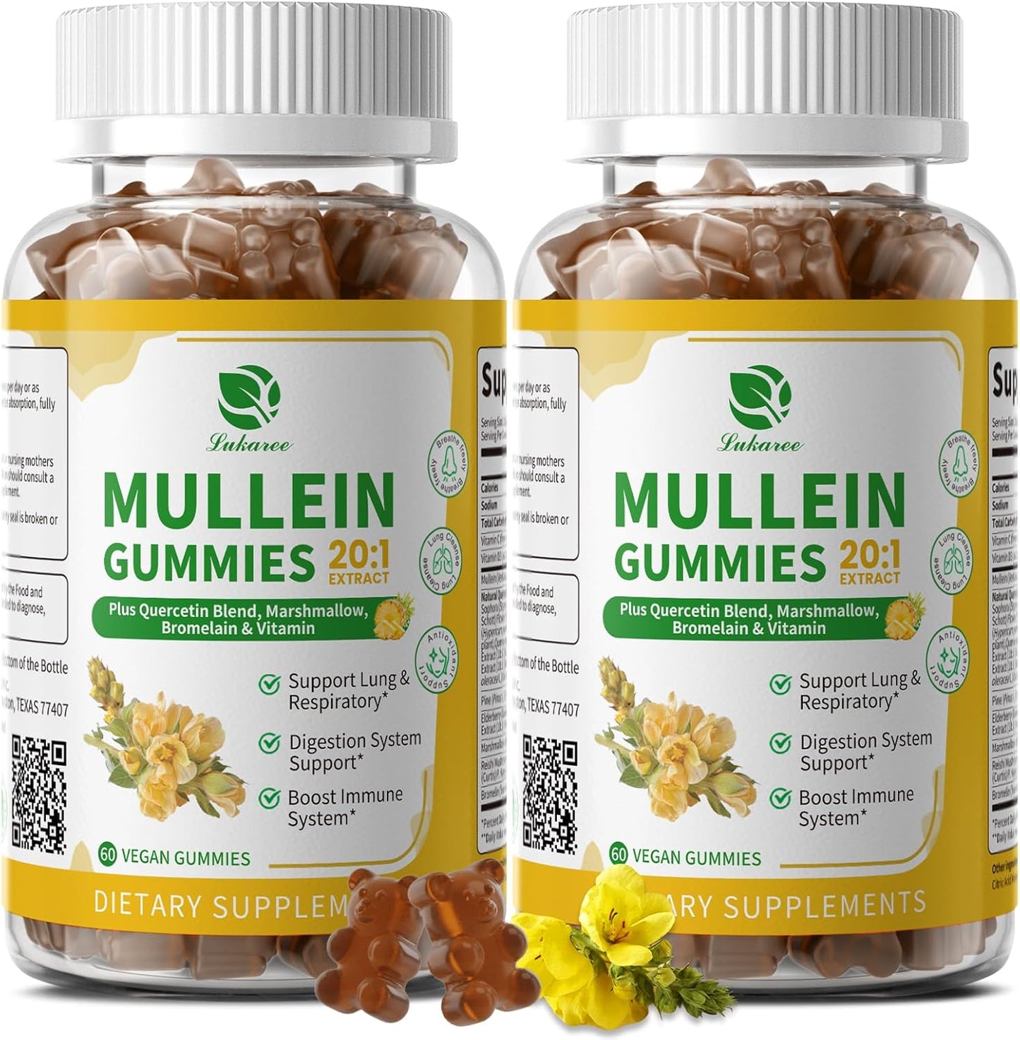 9 in 1 Mullein Gummies for Lung Cleanse, Mullein Leaf Extract with Quercetin, Bromelain, Elderberry & Marshmallow for Respiratory & Immune | 120 Vegan Count (2-Pack)