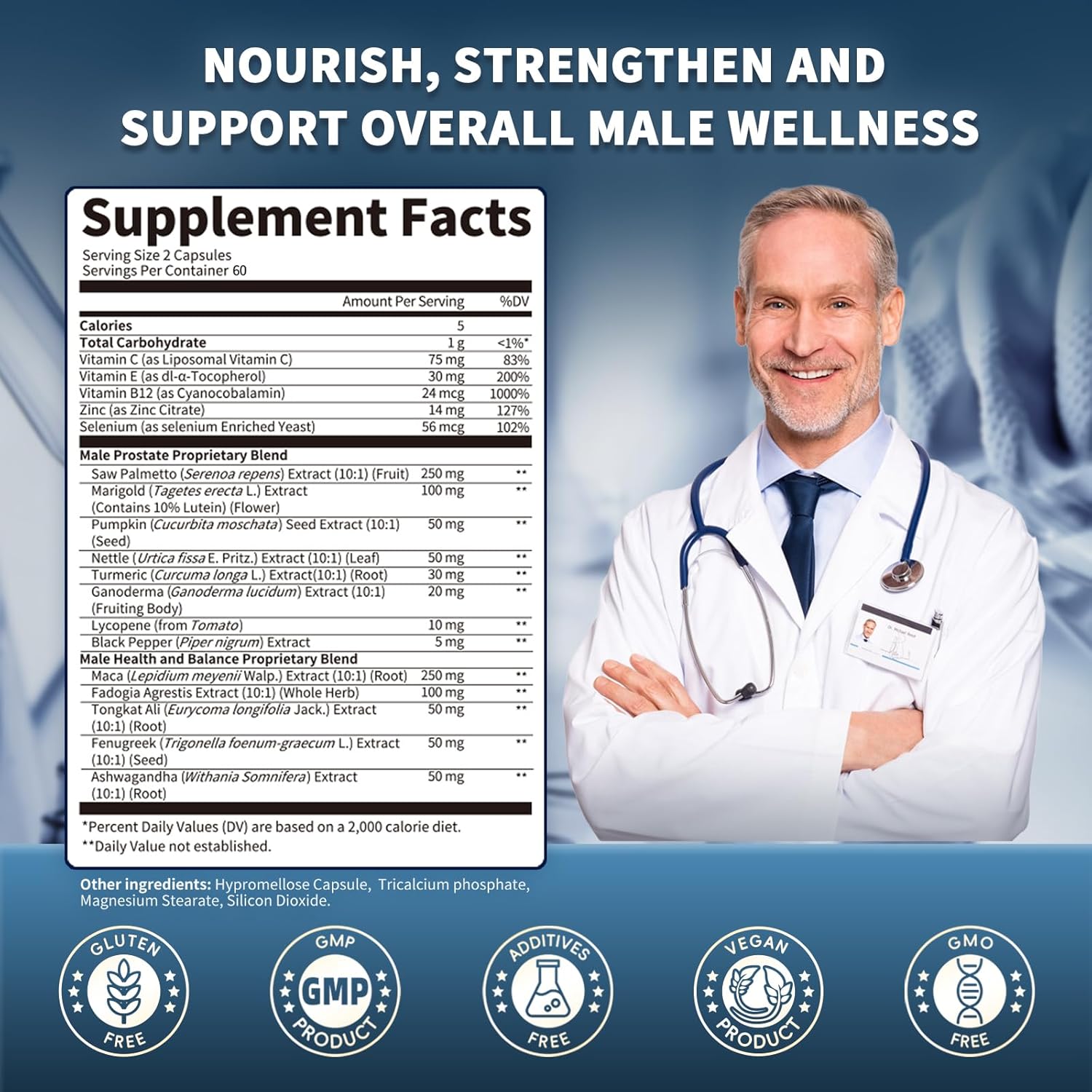 Supplement facts label for prostate health capsules showing saw palmetto, nettle, lycopene, reishi, ashwagandha, and more