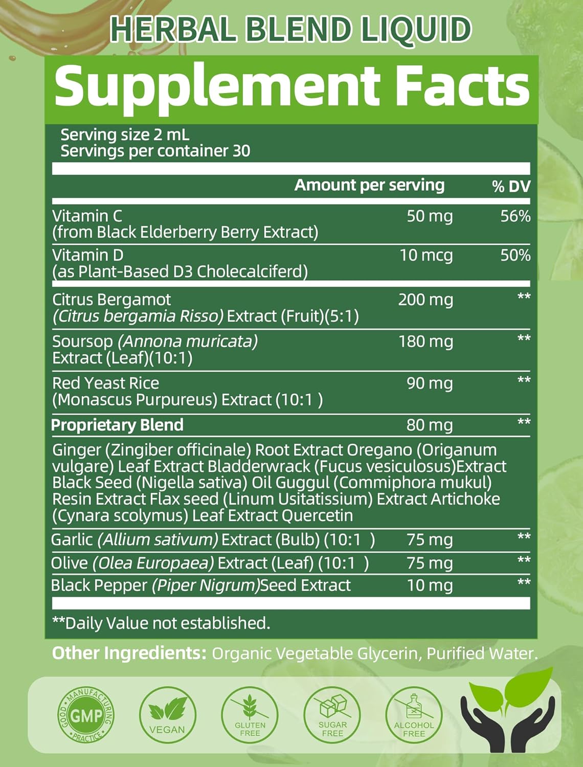 Citrus Bergamot Liquid Drops – Herbal Blend with Soursop, Red Yeast Rice, Garlic & Olive Leaf – Plant-Based Formula with Black Pepper for Enhanced Absorption – 2 Fl Oz