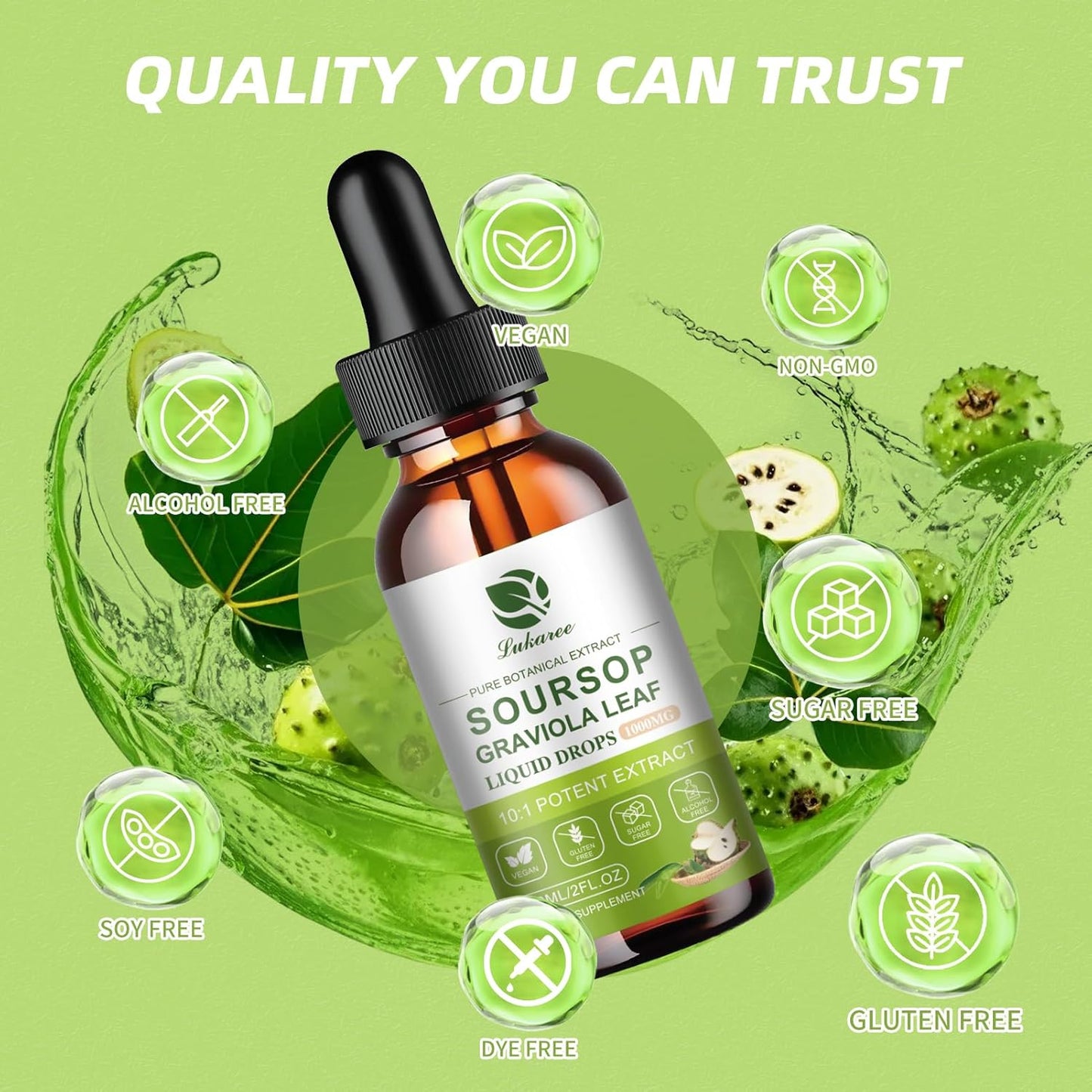 Lukaree Organic High-Potency Soursop Bitters Liquid, 98% Absorption Graviola Fruit & Leaf Extract for Immune Boost, Cell Support, Antioxidant, Digestive (2 Fl Oz)