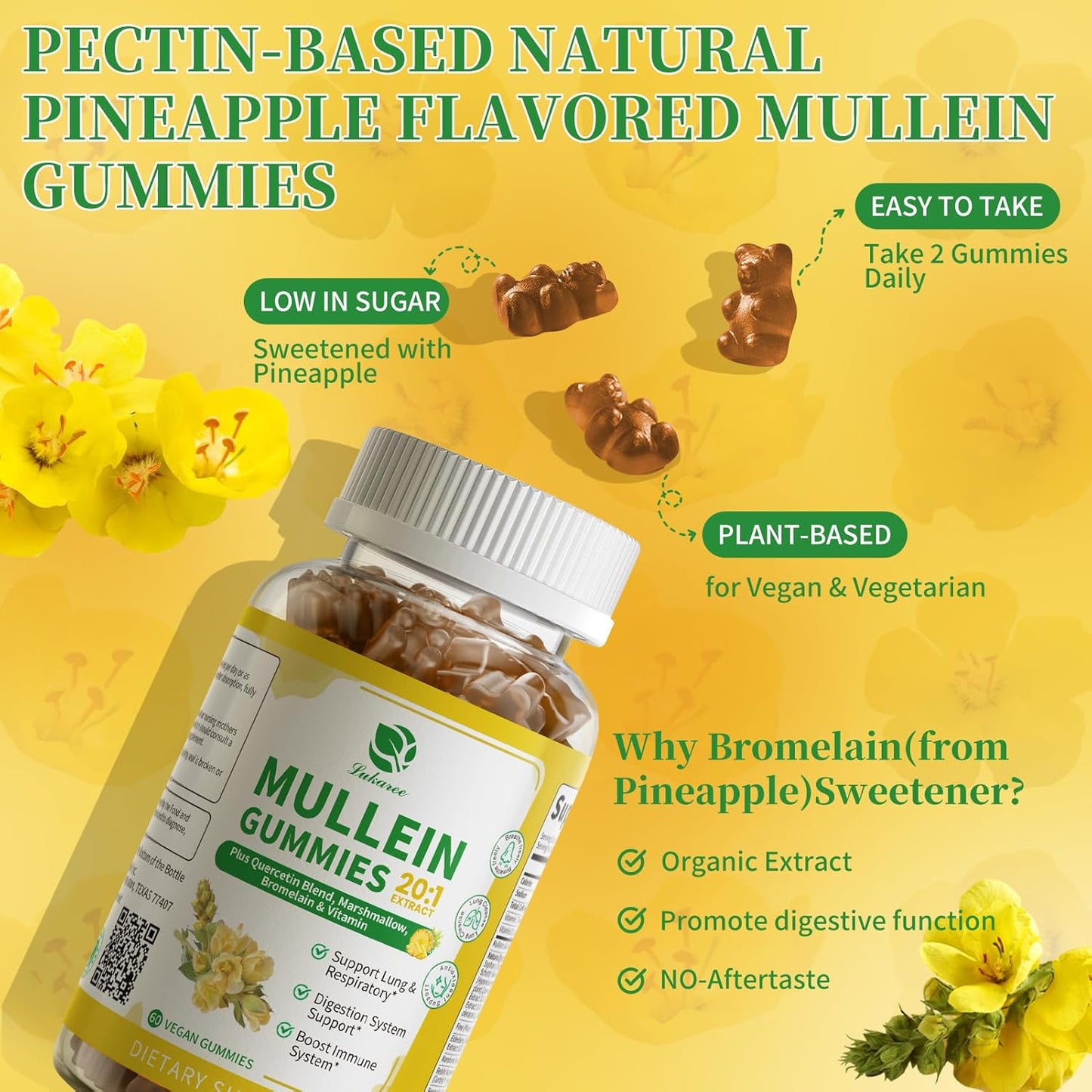 9 in 1 Mullein Gummies for Lung Cleanse, Mullein Leaf Extract with Quercetin, Bromelain, Elderberry & Marshmallow for Respiratory & Immune | 120 Vegan Count (2-Pack)