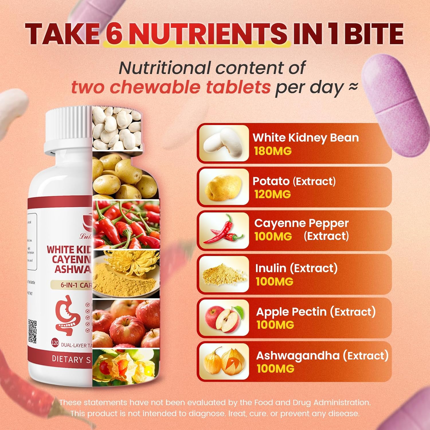 LUKAREE 6-in-1 complex dietary supplement with white kidney bean extract, ashwagandha, and prebiotics
