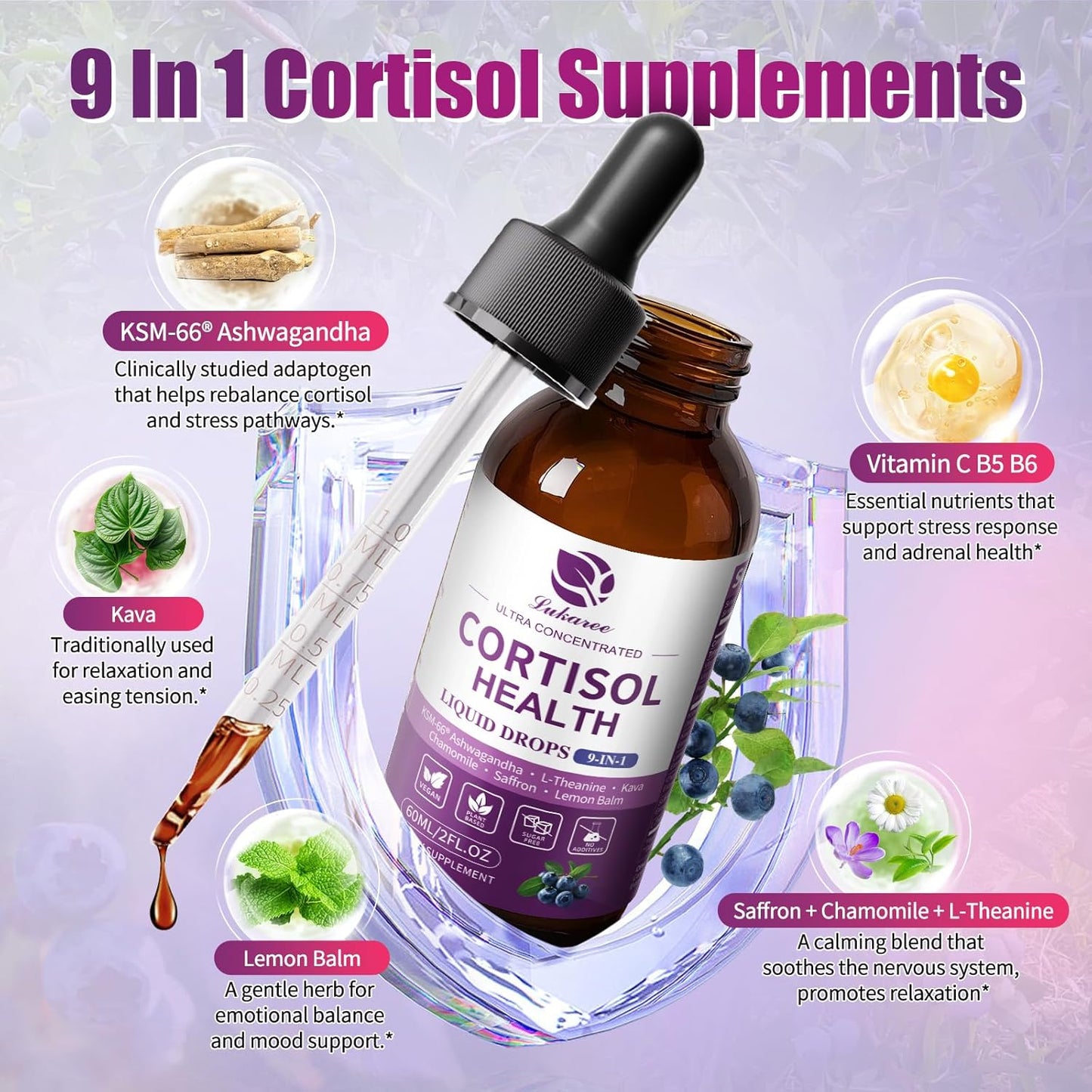 Cortisol Support Drops 9-in-1 with KSM-66® Ashwagandha | Stress Relief, Mood & Sleep Support – Blueberry Flavor