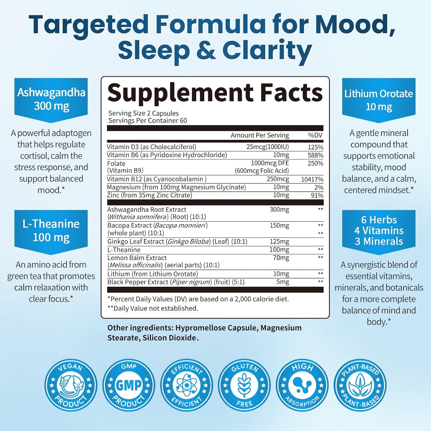 13-in-1 Lithium Orotate with Ashwagandha & L-Theanine – Mood, Calm, Sleep & Cognitive Support – 120 Vegan Capsules