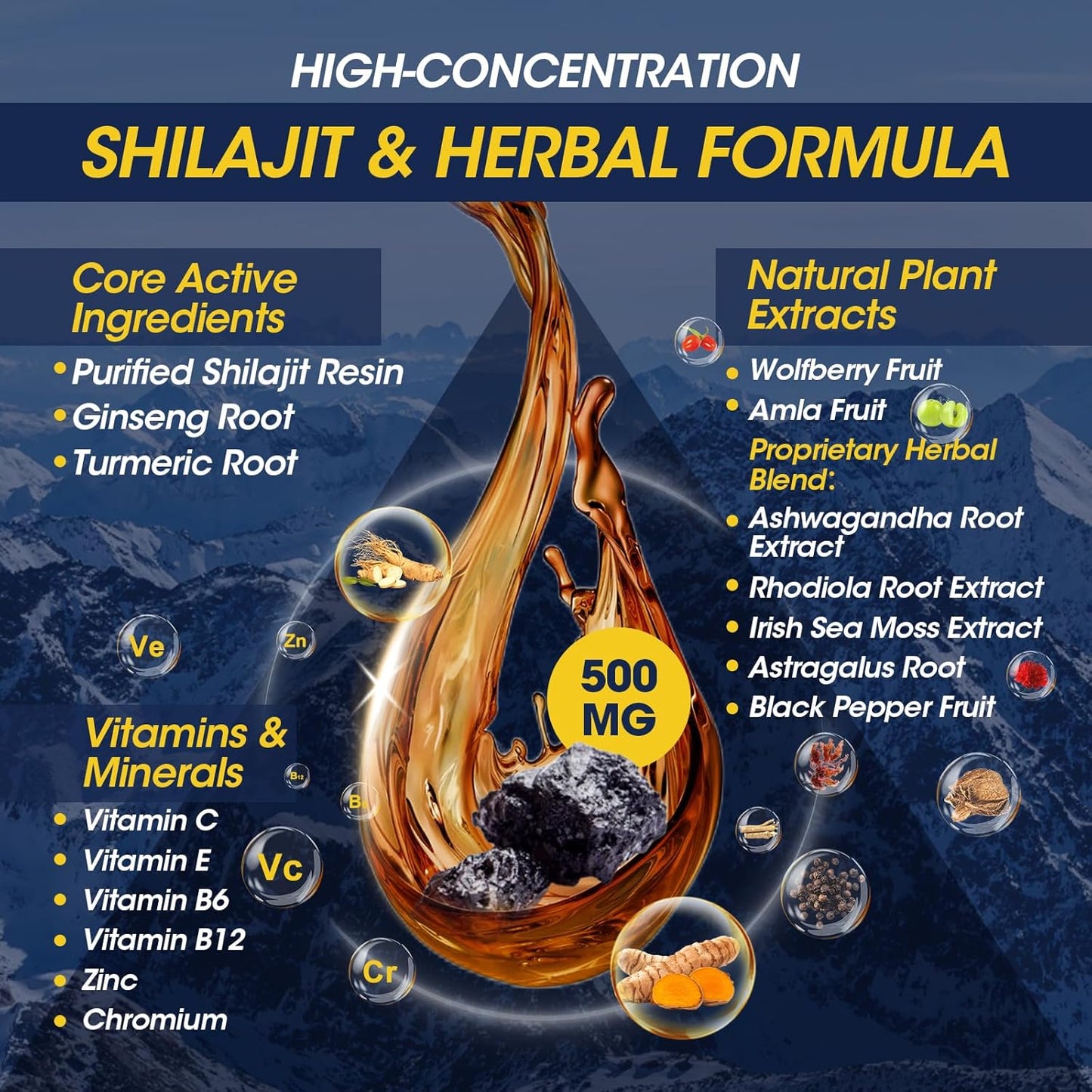 2-Pack 16-in-1 Himalayan Shilajit Resin Drops for Men & Women– Ginseng, Turmeric, Rhodiola, Wolfberry, Amla & Vitamins with 85+ Trace Minerals & Fulvic Acid, 1 fl oz