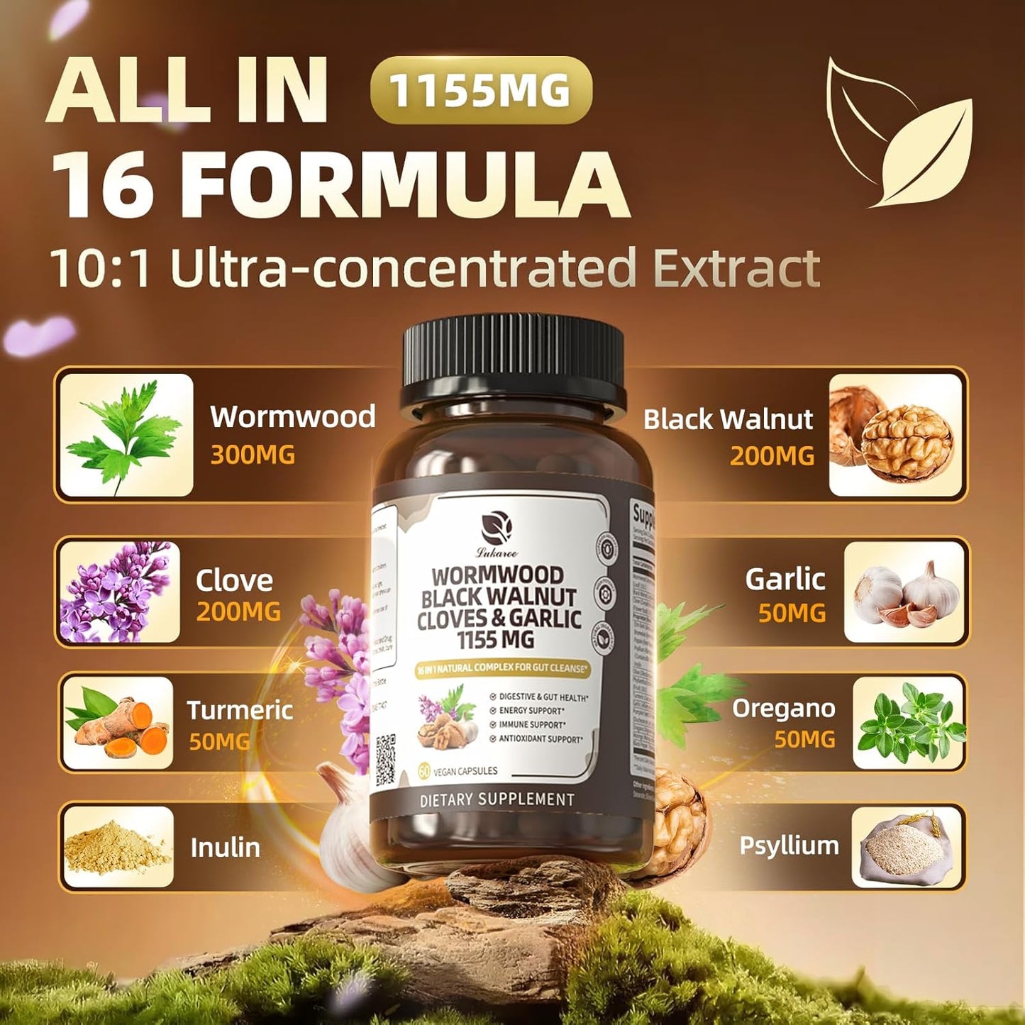 16-in-1 Wormwood Black Walnut Capsules with Clove Garlic Turmeric for Rapid Gut Cleanse & Digestive Health | Liposomal Delivery 98% Absorption