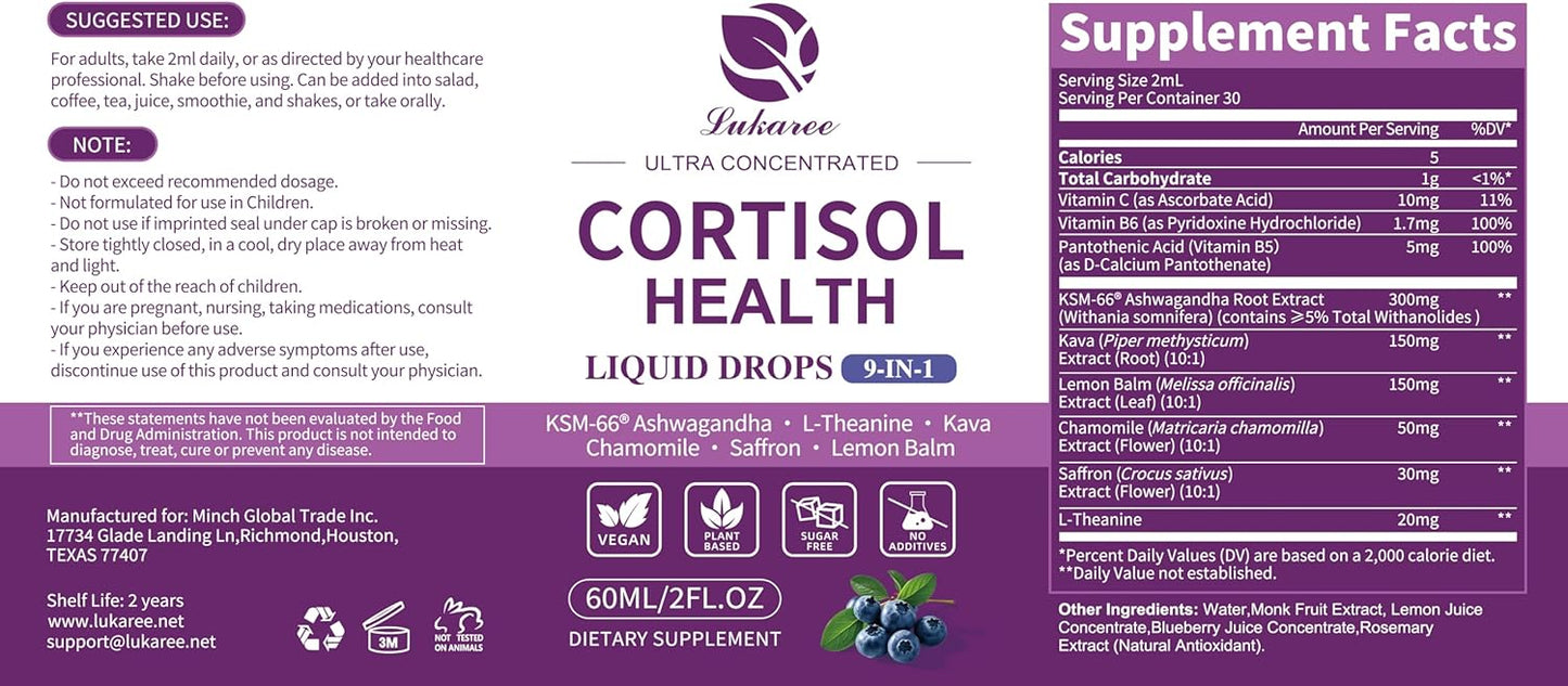 Cortisol Support Drops 9-in-1 with KSM-66® Ashwagandha | Stress Relief, Mood & Sleep Support – Blueberry Flavor