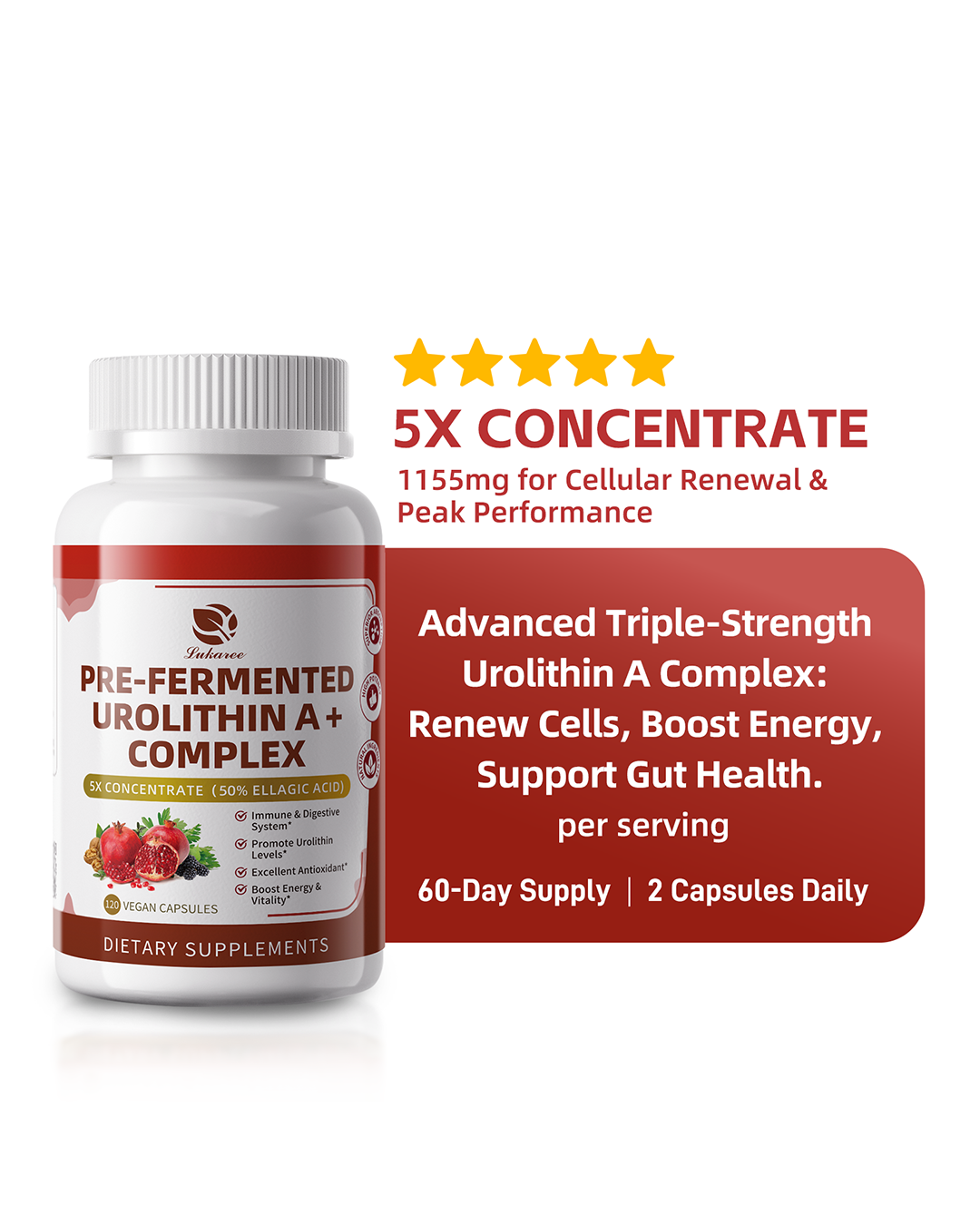 Lukaree 1155mg Urolithin A+ Complex - Pre-Fermented for Maximum Absorption - 9-in-1 Anti-Aging Formula with 50% Ellagic Acid, Resveratrol & Gut Support - 120 Vegan Capsules (60-Day Supply)