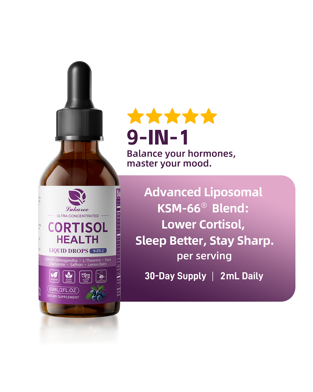 Lukaree 9-in-1 Cortisol balance Liquid Drops | KSM-66® Ashwagandha & Saffron | Fast-Acting Adrenal Recovery & Calm Focus | Blueberry