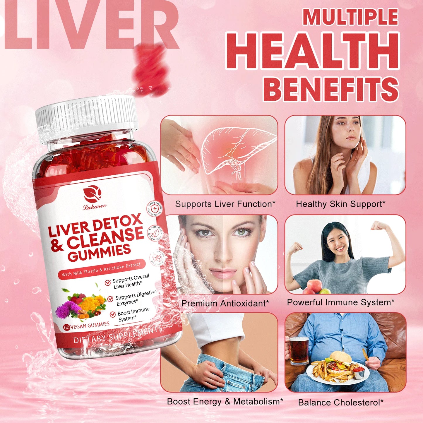 Liver Cleanse Detox & Repair Gummies - 24 Potent Herb w/ 1000mg Milk Thistle Silymarin, Dandelion, Artichoke Extract & Elderberry - No Sugar, Raspberry Flavor -60 Count