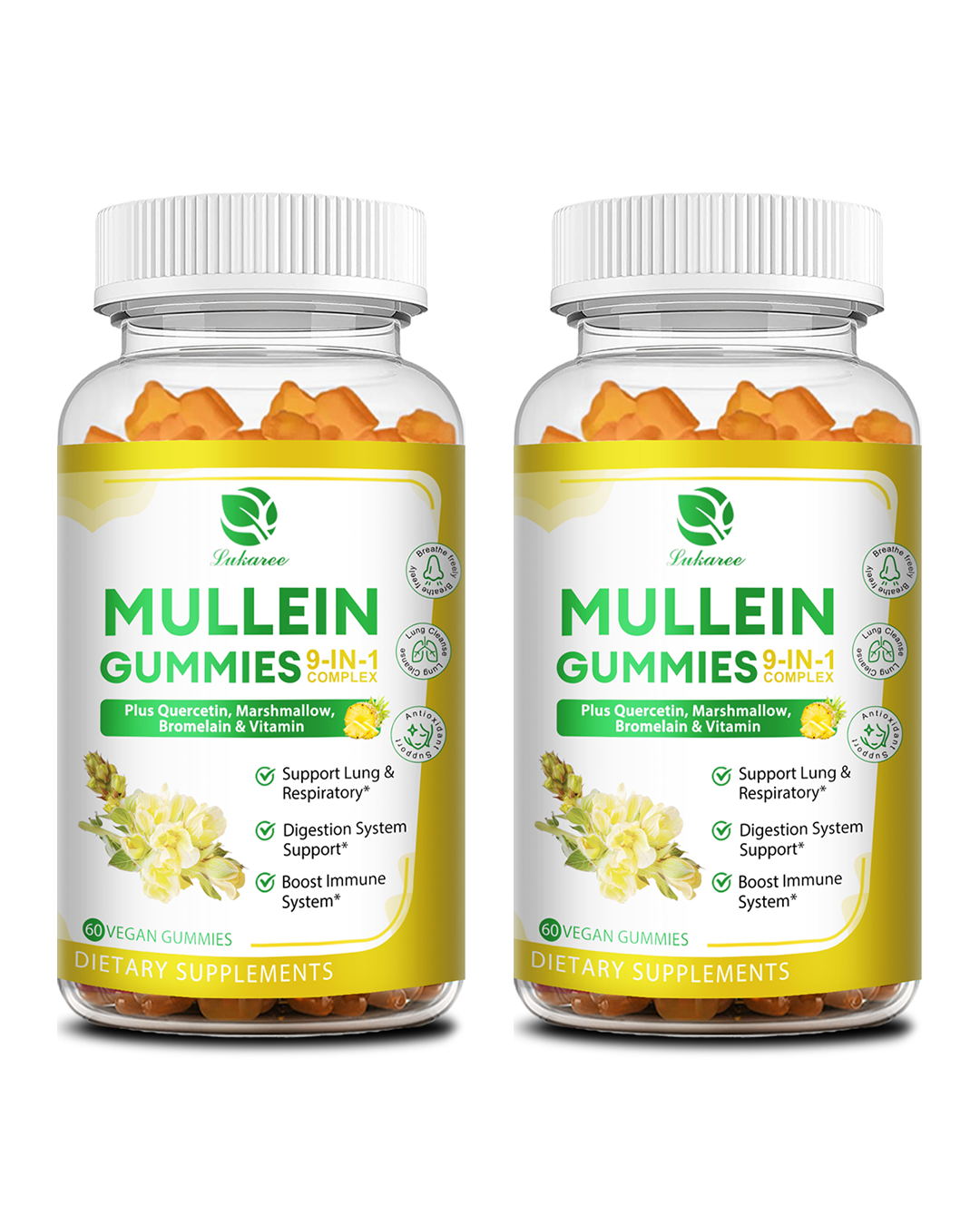 9 in 1 Mullein Gummies for Lung Cleanse, Mullein Leaf Extract with Quercetin, Bromelain, Elderberry & Marshmallow for Respiratory & Immune | 120 Vegan Count (2-Pack)