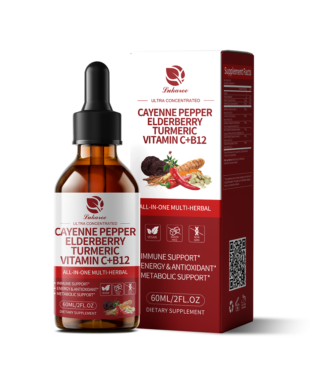 Cayenne Pepper Drops with Elderberry, Turmeric Curcumin, Astragalus, Ginseng, Vitamin C & B12, 8-in-1 Organic Liquid Supplement, Fast Absorbing Berry Flavor, 2 FL OZ