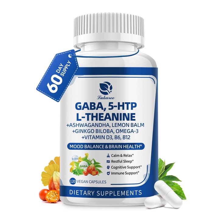 GABA Supplements 750mg with L-Theanine, 5-HTP, Ashwagandha, Lemon Balm, Ginkgo Biloba, Omega-3, GABA Capsules for Sleep, Focus, Mood Support, Cortisol Balance - 60 Day Supply, Melatonin-Free