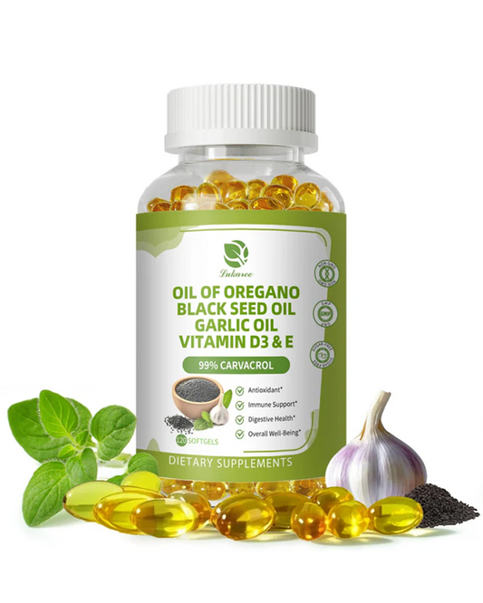 Oregano Oil Capsules with Black Seed Oil, Garlic Oil, Vitamin D3 E, 99% High Concentrated Carvacrol - Antioxidant