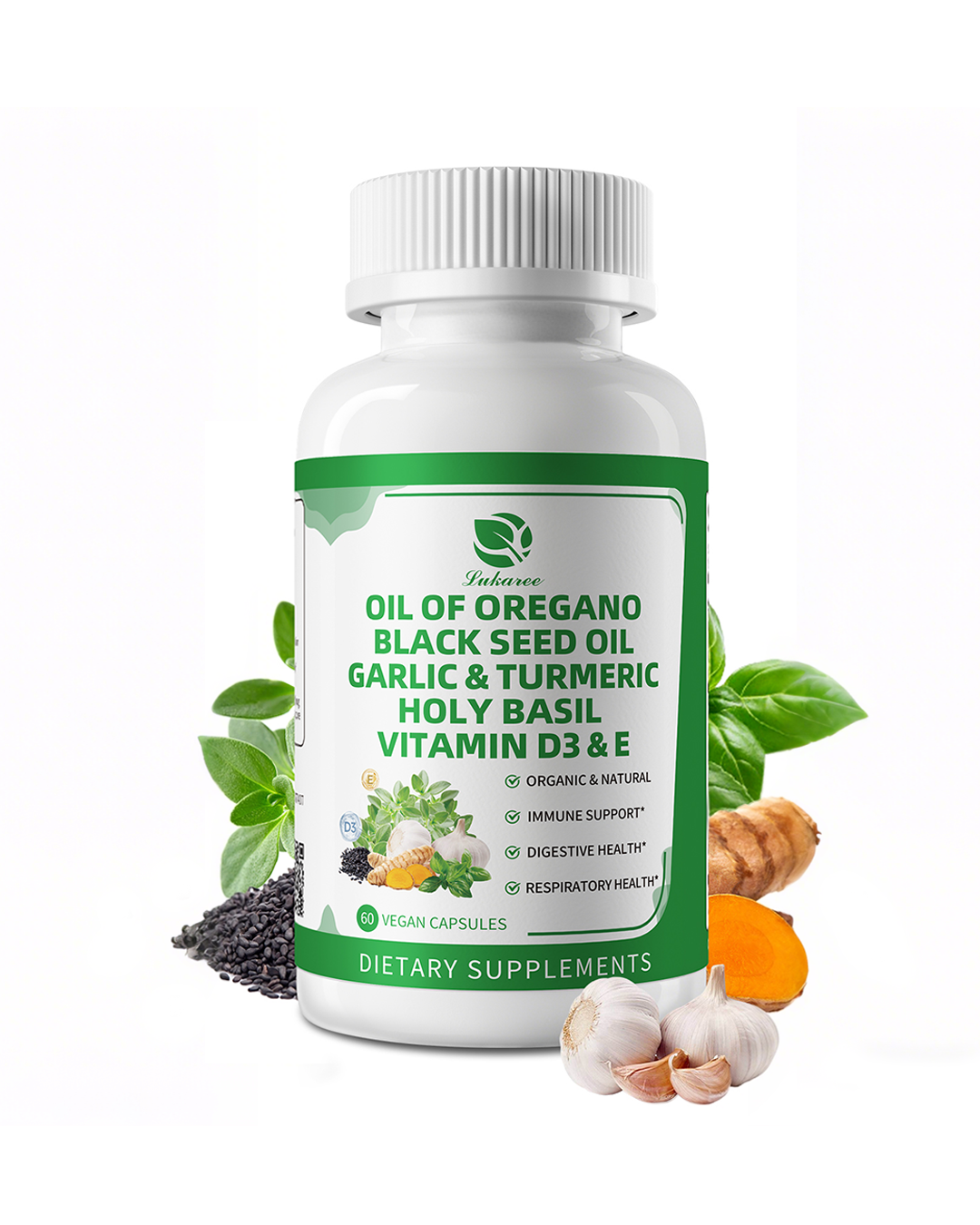 Organic Oil of Oregano Capsules with Black Seed Oil, Garlic, Turmeric, Holy Basil, Vitamin D3, E & Black Pepper for Better Absorption – Immune, Digestive & Respiratory – Vegan, Non-GMO, 2 Month Supply