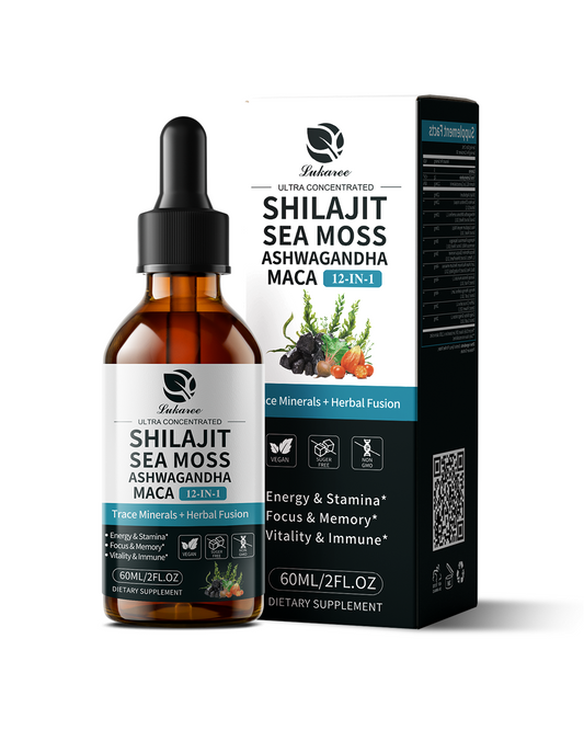 Shilajit Liquid Drops, 12-in-1 Complex - Sea Moss, Ashwagandha, Maca, Fulvic Acid, Trace Minerals, Liquid Vitamins Supplement for Energy, Antioxidant, Immune Support, 60ML/2 FL Oz