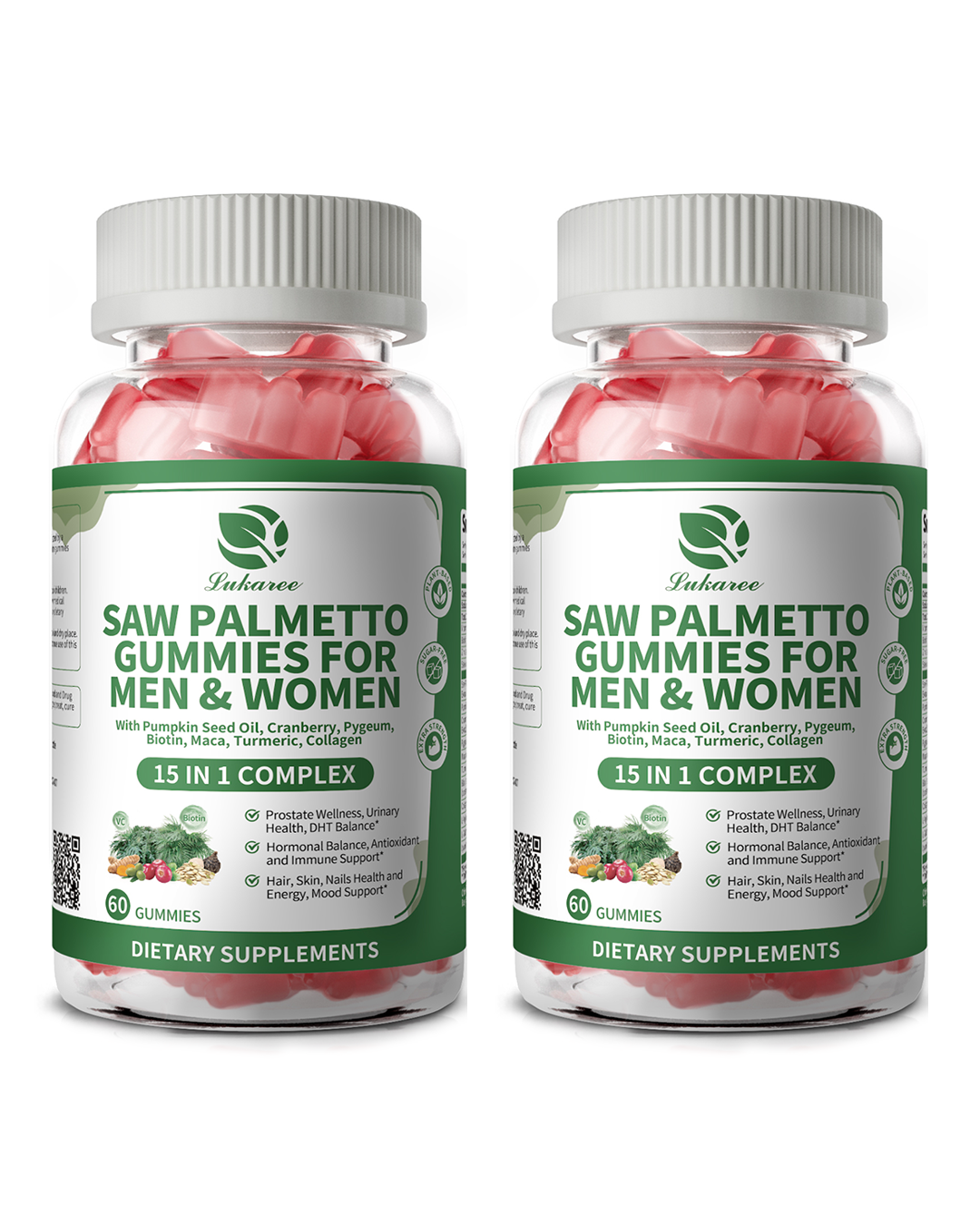 15 in 1 Saw Palmetto 500mg Extract Gummies 2-Pack, Prostate Health Supplements for Men, Unisex DHT Blocker, for Hair, Urinary Wellness, Hormonal, Energy Support