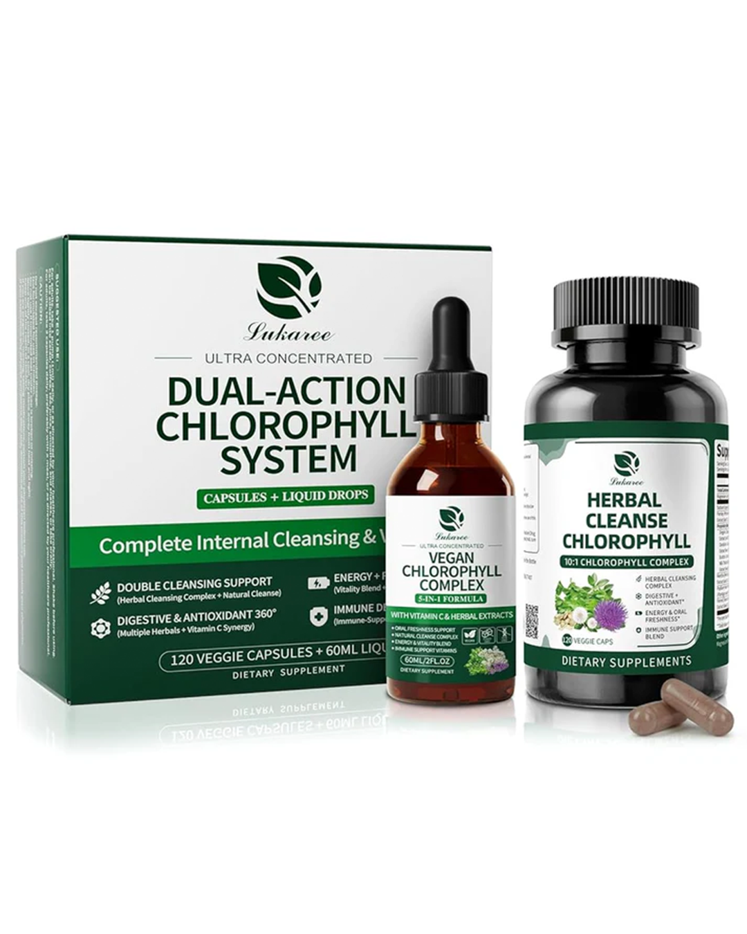 Chlorophyll Liquid Drops & Capsules Combo – 24-Hour Cleansing, Energy & Wellness Support for Oral Freshness, Immune Support, Internal Deodorant 2Oz + 120 Caps