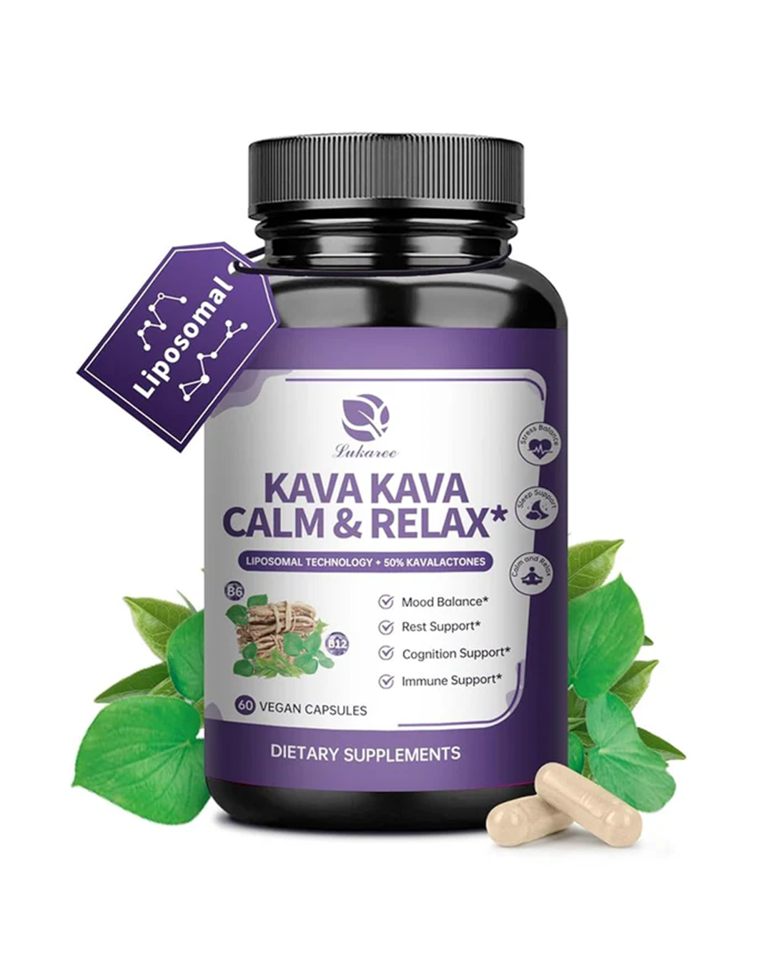 Liposomal Herbal Calm Formula Capsules with L-Theanine 200mg, 50% Kavalactones, Calming Herbal Extract Complex, Vitamin B6, B12 - for Sleep, Mood, Cognitive & Immune Support, 60CT