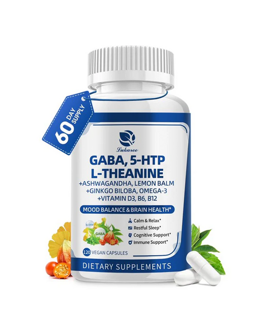 GABA Supplements 750mg with L-Theanine, 5-HTP, Ashwagandha, Lemon Balm, Ginkgo Biloba, Omega-3, GABA Capsules for Sleep, Focus, Mood Support, Cortisol Balance - 60 Day Supply, Melatonin-Free