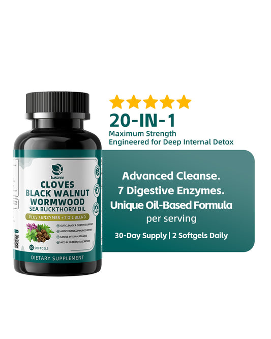 Lukaree 20-in-1 Oil-Based Black Walnut & Wormwood Gut Detox Softgels