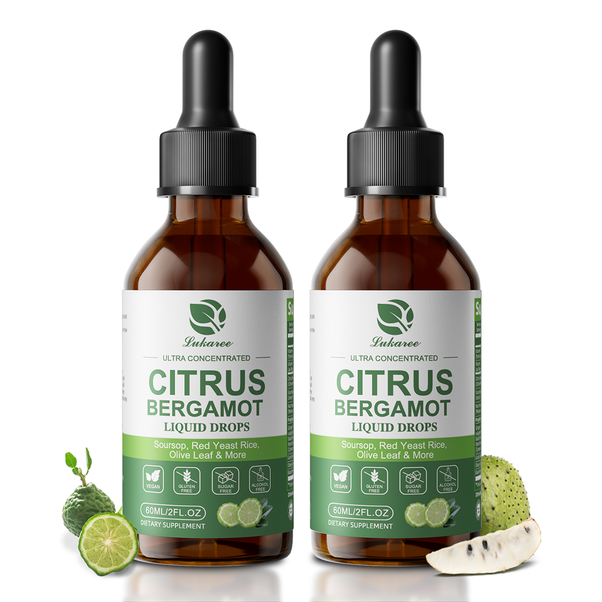 2-Pack Citrus Bergamot Liquid Drops with Soursop, Red Yeast Rice, Garlic & Olive Leaf – 6-Herb High-Absorption