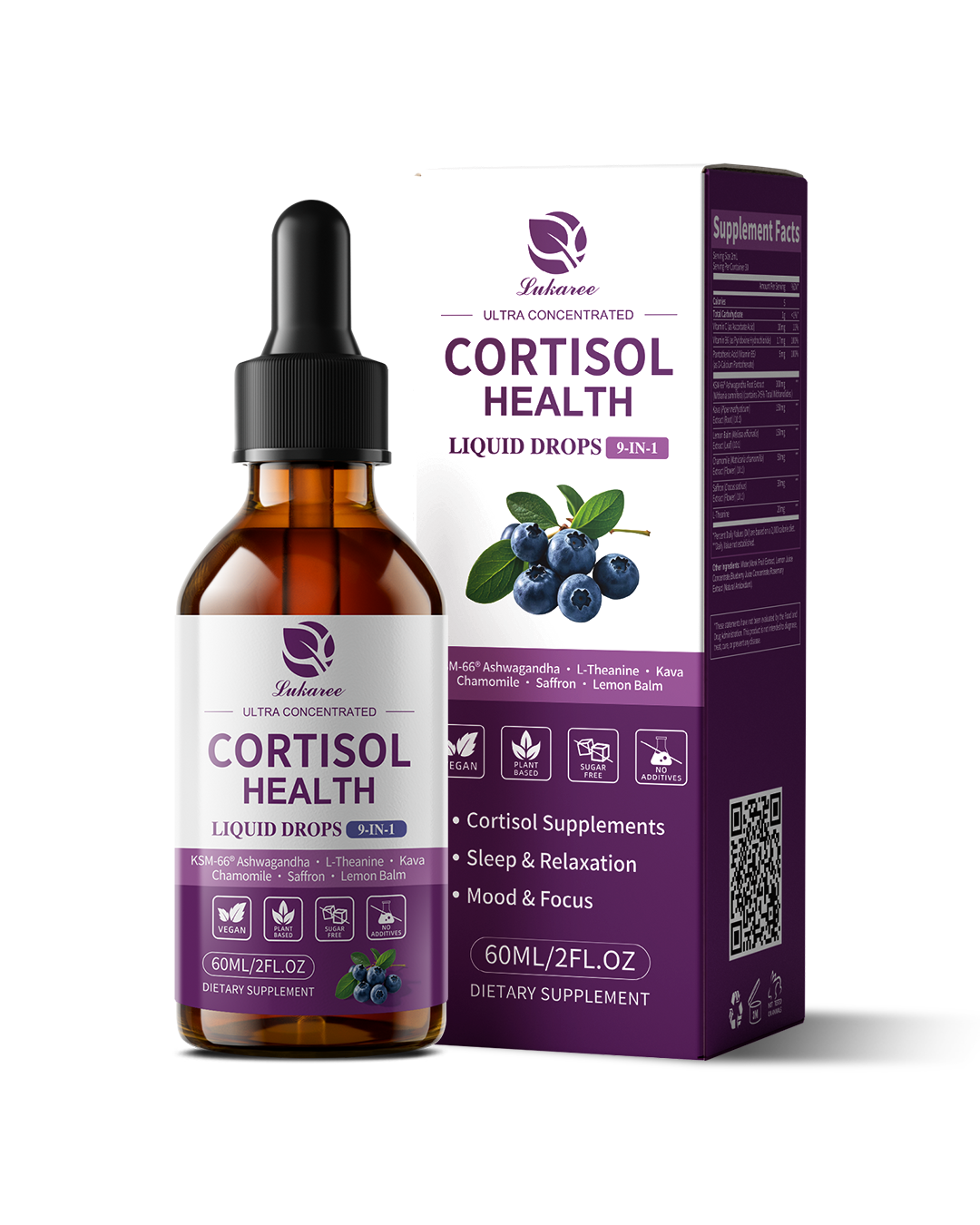 10 in 1  Cortisol Supplement Liquid Drops Hormone Balance 2 Packs, Blueberry Flavor