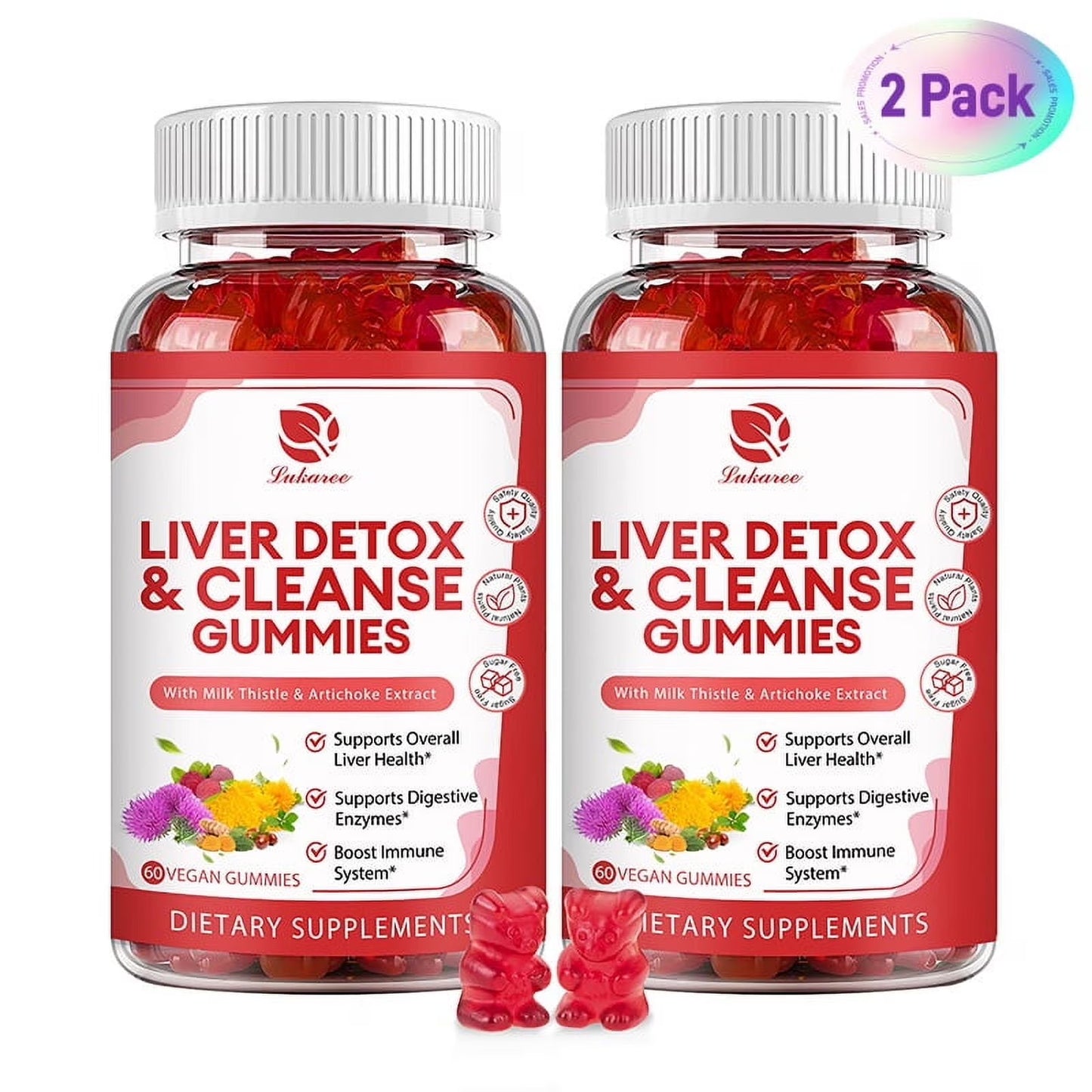 Liver Cleanse Detox & Repair Gummies - 24 Potent Herb w/ 1000mg Milk Thistle Silymarin, Dandelion, Artichoke Extract & Elderberry - No Sugar, Raspberry Flavor -120 Count