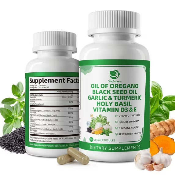 Organic Oil of Oregano Capsules with Black Seed Oil, Garlic, Turmeric, Holy Basil, Vitamin D3, E & Black Pepper for Immune, Digestive & Respiratory Health – Vegan, Non-GMO, 3 Month Supply
