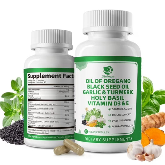 Organic Oil of Oregano Capsules with Black Seed Oil, Garlic, Turmeric, Holy Basil, Vitamin D3, E & Black Pepper for Immune, Digestive & Respiratory Health – Vegan, Non-GMO, 3 Month Supply