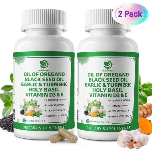 Organic Oil of Oregano Capsules with Black Seed Oil, Garlic, Turmeric, Holy Basil, Vitamin D3, E & Black Pepper for Immune, Digestive & Respiratory Health – Vegan, Non-GMO, 6 Month Supply