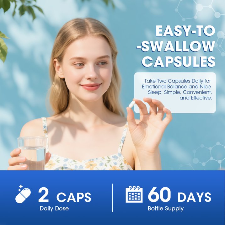 GABA Supplements 750mg with L-Theanine, 5-HTP, Ashwagandha, Lemon Balm, Ginkgo Biloba, Omega-3, GABA Capsules for Sleep, Focus, Mood Support, Cortisol Balance - 60 Day Supply, Melatonin-Free