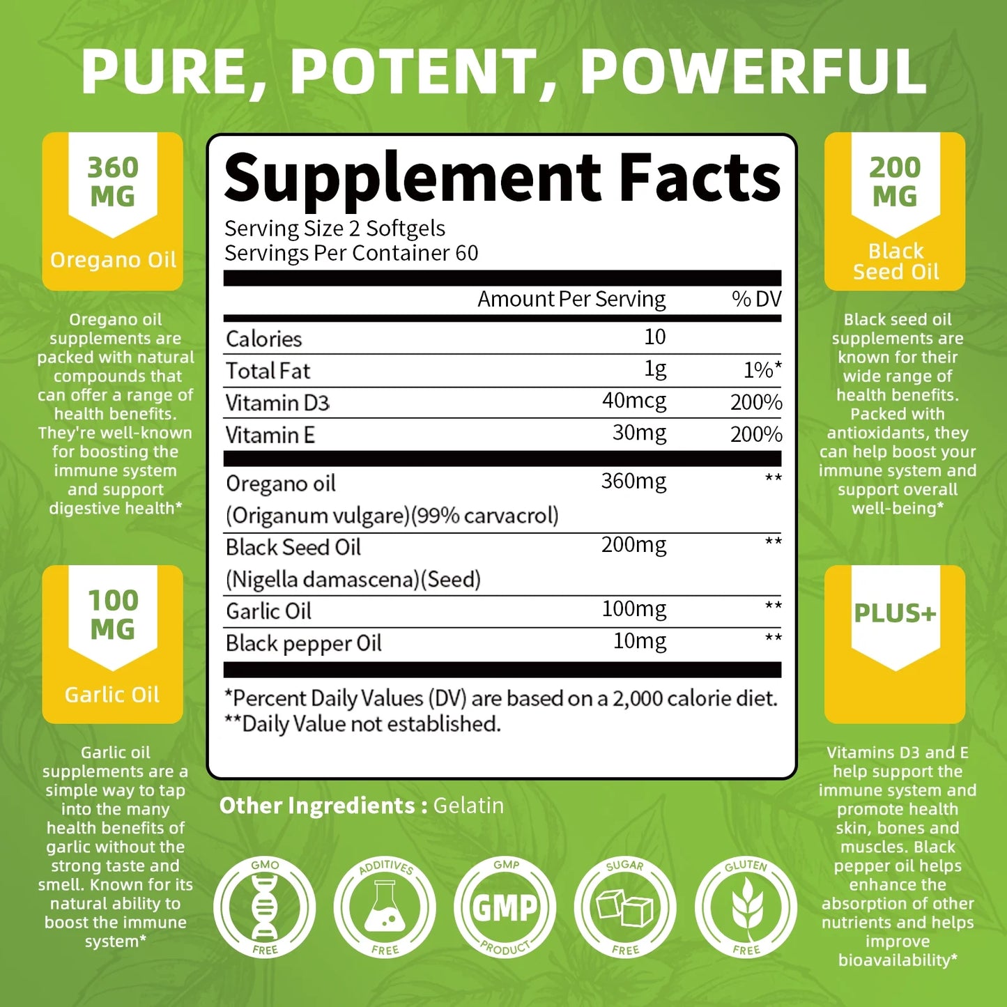 Pure Oregano Oil Softgels, Oil of Oregano with Black Seed Oil, Garlic Oil, Vitamin D3 E for Immune Heart Digestive Support - Antioxidant Supplement Softgels for Bone Health & Energy Boost