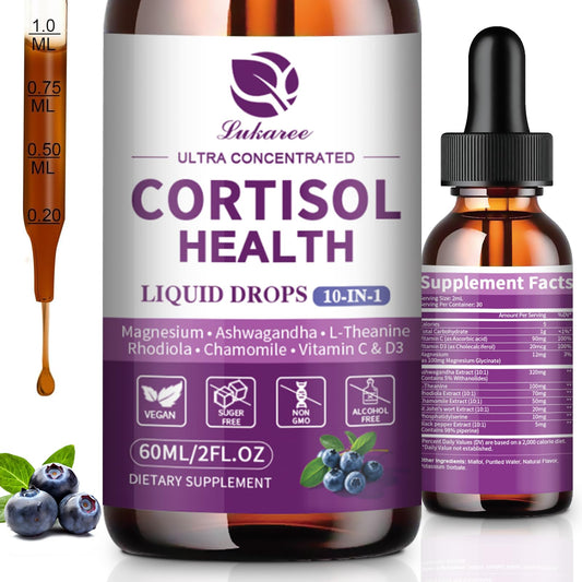 Cortisol Supplement Liquid Drops, 10 in 1 Hormone Balance for Women Men with Magnesium, Ashwagandha, L-theanine, Rhodiola - Lower Cortisol, Mood, Focus, Sleep Support - 2 FL.OZ, Blueberry Flavor