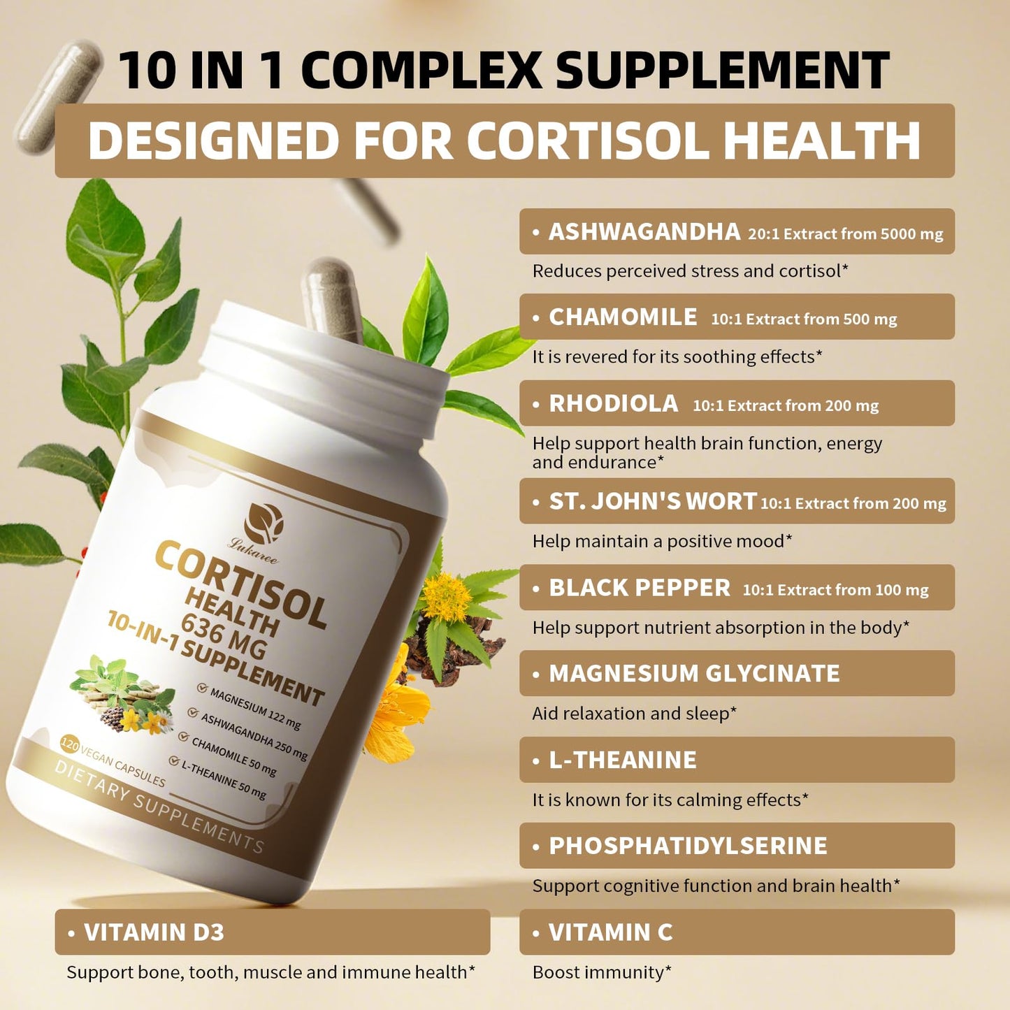Cortisol Capsules Supplement, 10-in-1 Cortisol Reducer Detox Manager - 120 Vegan Capsules