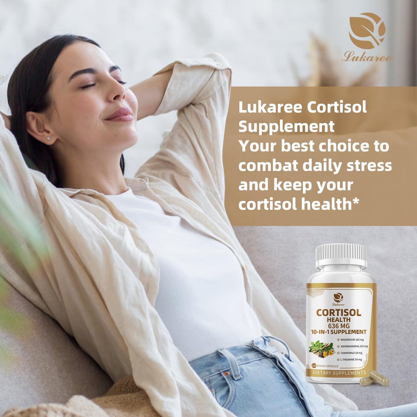 Cortisol Capsules Supplement, 10-in-1 Cortisol Reducer Detox Manager - 120 Vegan Capsules