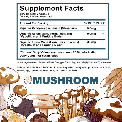 Lions Mane Complex 90caps | 5 types Mushroom, Nootropic Brain Support, Focus, Antioxidant