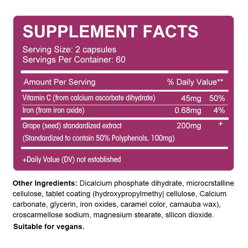 Grape Seed Extract Capsules 200mg with Vitamin C & Iron Anti-oxidation & Anti-aging, Whitening and Freckle Removal, Enhancing Immunity, Anti-allergic