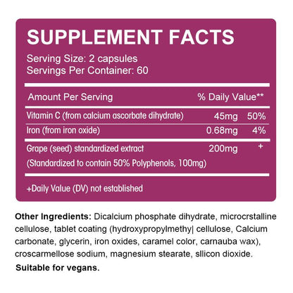 Grape Seed Extract Capsules 200mg with Vitamin C & Iron Anti-oxidation & Anti-aging, Whitening and Freckle Removal, Enhancing Immunity, Anti-allergic